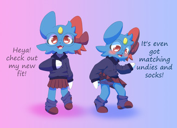 accessory anthro bottomwear bow_ribbon claws clothed clothing clothing_lift eyewear female footwear forehead_gem gem glasses hair_accessory holding_clothing holding_object holding_panties holding_underwear jacket looking_at_viewer looking_down open_mouth panties print_clothing print_panties print_underwear simple_background skirt skirt_lift smile smiling_at_viewer socks solo sweater teeth text topwear underwear wearing_glasses young lucky_luxio nintendo pokemon cara_(lucky_luxio) generation_2_pokemon pokemon_(species) sneasel 2026 colored digital_drawing_(artwork) digital_media_(artwork) hi_res