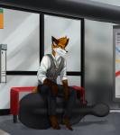 anthro biped clothed clothing fur gig_bag hair male necktie sitting smile solo elvofirida canid canine fox mammal