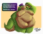 2024 alligator alligatorid anthro belly big_belly brok_(brok_the_investigator) brok_the_investigator burger clothing cowcat_games crocodilian dialogue english_text food green_body hat headgear headwear male moobs nipples non-mammal_nipples obese obese_male overweight overweight_male reptile scalie simple_background solo tail text voxdafox