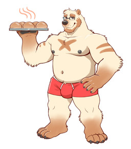anthro belly bread brown_body brown_fur bulge clothing eyewear food fur glasses male navel nipples slightly_chubby solo underwear adios bear mammal polar_bear ursine 2020 absurd_res hi_res