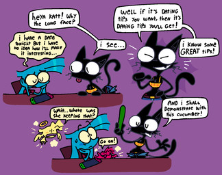 4_fingers anthro asking asking_where bar_emanata belt bent_over black_body black_ears black_eyes black_fur black_inner_ear black_tail black_text black_tuft blonde_hair blue_body blue_cutoffs blue_hair bodily_fluids bottomwear breast_tuft breasts brown_belt chair cheek_tuft cleavage clothed clothing crop_top cucumber dark_body dark_ears dark_fur dark_inner_ear dark_tail dark_tuft denim denim_bottomwear denim_clothing denim_shorts dialogue duo ellipsis emanata exclamation_point eyebrows eyes_closed facial_tuft fangs female female_anthro fingers flesh_fang food fruit fur furniture gesture greeting hair halo hand_gesture hand_on_hip hand_on_own_hip hands_on_chin hands_on_own_chin hands_on_table highlights_(coloring) holding_cucumber holding_food holding_object holding_vegetable horn looking_at_another medium_breasts membrane_(anatomy) membranous_wings name_drop name_in_dialogue nintendo_switch_console on_chair open_mouth open_smile orange_clothing orange_crop_top orange_shirt orange_topwear plant pointing pointing_at_self pupils purple_background question_mark raised_eyebrows red_body red_clothing red_horn red_shirt red_topwear red_wings shirt shorts simple_background sitting sitting_on_chair slit_pupils smile standing sweat table tail talking_to_another tan_speech_bubble teeth text thong_straps tongue tongue_out topwear tuft vegetable whiskers white_mouth white_speech_bubble wide_eyed wide_hipped_anthro wide_hipped_female wings yellow_body yellow_halo yellow_wings thatkattyoinky nintendo nintendo_switch ebony_whiskers katt_(thatkattyoinky) angel demon domestic_cat felid feline felis mammal unknown_species comic digital_drawing_(artwork) digital_media_(artwork) english_text