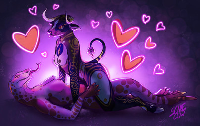 anthro biped breasts claws duo female female/female female_anthro hooves horn lying on_back side_view tongue scare_cow lavish_(scare_cow) bovid bovine cattle komodo_dragon lizard mammal monitor_lizard reptile scalie hi_res
