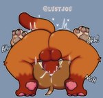 balls beard big_balls big_butt bodily_fluids brown_body brown_fur bubble_butt butt cum cum_inside facial_hair feet from_front_position fur genital_fluids genitals male male/male mating_press nude paws penis sex speech_bubble tail lustjou animal_crossing nintendo tom_nook_(animal_crossing) canid canine canis domestic_dog mammal procyonid raccoon raccoon_dog tanuki