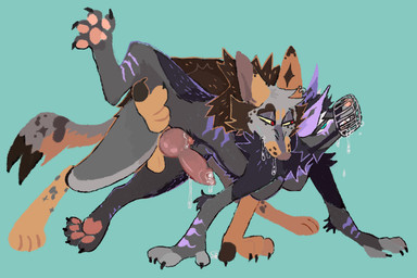 4_toes all_fours animal_genitalia animal_penis anthro anthro_on_anthro balls bite bodily_fluids canine_genitalia canine_penis claws duo feet female genital_fluids genitals grinding knot male male/female muzzle_(object) muzzled pawpads paws penis precum shoulder_bite toe_claws toes wire_basket_muzzle guncht canid canine mammal
