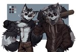 2024 anthro atkaso baseball_bat bat_(object) biped black_body black_fur black_sclera canid canine canis fur grey_body grey_fur hi_res looking_at_viewer male mammal red_eyes shirtless_anthro shirtless_male slim_anthro slim_male solo white_body white_fur wolf