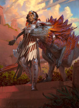 ambiguous_gender armor brown_hair claws day detailed_background duo feathers female feral hair headgear helmet low-angle_view metal_armor outside ponytail red_body red_feathers sickle_claw standing tail toe_claws tyler_jacobson hasbro magic:_the_gathering wizards_of_the_coast huatli_(magic:_the_gathering) dinosaur dromaeosaurid feathered_dinosaur feathered_scalie human mammal prehistoric_species reptile saurischian scalie theropod absurd_res digital_media_(artwork) hi_res official_art
