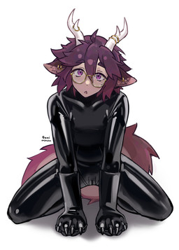 2_horns ahoge all_fours ambiguous_gender ambiguous_humanoid antler_jewelry antlers bangs black_latex bodysuit clothed clothed_ambiguous clothed_humanoid clothing crotch_zipper crouching ear_piercing ear_ring ears_outwards eyebrow_through_hair eyebrows eyelashes eyewear fluffy fluffy_tail front_view frowning_at_viewer full_body_suit fur glasses glistening glistening_eyes glistening_latex gloves gold_(metal) gold_ear_ring hair hands_on_ground handwear head_horn horn inner_ear_fluff latex latex_bodysuit latex_clothing latex_skinsuit looking_at_viewer medium_hair parted_bangs paw_gloves piercing pivoted_ears pointy_ears prick_ears purple_body purple_eyebrows purple_eyes purple_fur purple_hair ring_piercing shadow simple_background skinsuit slim_ambiguous slim_humanoid solo tail text thick_eyelashes tight_clothing translucent translucent_hair tuft wearing_glasses white_background yellow_eyewear yellow_glasses geni_(artist) animal_humanoid deer deer_humanoid humanoid mammal mammal_humanoid 2026 absurd_res artist_name dated digital_drawing_(artwork) digital_media_(artwork) english_description full-length_portrait hi_res portrait nonbinary_(lore)
