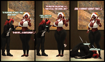 2_horns anthro big_breasts black_boots black_border black_bottomwear black_clothing black_footwear black_pants boots border bottomwear breasts chest_tuft clothed clothed_anthro clothed_female clothed_male clothing dialogue duo fainting female flustered footwear freckled_breasts freckled_chest freckled_face freckled_shoulders freckles hair highlights_(coloring) hooves horn introduction kiss_on_hand kissing male male/female mature_female multicolored_hair pants red_eyes red_hair red_highlights shoes sleeping small_waist text thick_thighs topwear tuft two_tone_hair unconscious white_clothing white_hair white_topwear wide_hips conditional_dnp domi3d mythology jack_(n0blez) ruby_(domi3d) bovid canid canid_demon canine caprine demon fox goat hellhound hybrid mammal mythological_canine mythological_creature sheep 2025 3d_(artwork) absurd_res comic digital_media_(artwork) english_text hi_res source_filmmaker_(artwork)