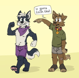 anthro bandage barefoot black_clothing black_eyes black_footwear black_nose black_socks black_text bottomwear boxer_briefs brown_body brown_fur brown_hair brown_nose claws clothed clothing dialog_balloon dialogue dirty_shirt dirty_t-shirt duo feet footwear fur gesture green_clothing green_eyes green_shirt green_t-shirt green_topwear grey_boxer_briefs grey_clothing grey_underwear hair hand_gesture kerchief male object_in_mouth open_mouth pantsless pantsless_anthro pantsless_male pawpads pink_pawpads pointing pointing_at_another purple_bottomwear purple_clothing purple_kerchief purple_shorts shadow sharp_teeth shirt shorts simple_background slang socks t-shirt teeth teeth_showing text toeless_footwear toeless_socks tongue_showing topless topless_male topwear underwear white_hair yellow_background tinydeerguy matt_riskely canid canine canis domestic_dog mammal english_text hi_res