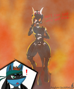 3_fingers fingers fire fire_background gas_mask green_eyes male mask tail hexami konami metal_gear nintendo pokemon psycho_mantis solid_snake generation_1_pokemon generation_4_pokemon legendary_pokemon lucario mewtwo pokemon_(species) 2018 hi_res
