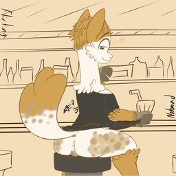 anthro anus backsack balls bar bar_stool barely_visible_anus black_clothing black_shirt black_topwear bottomless brown_hair butt casual_exposure clothed clothing fingers fur furniture genitals hair hooved_fingers hooves looking_at_viewer looking_back male multicolored_body multicolored_fur public shirt simple_background smile solo stool topwear nohmad olli_(braeburned) alpaca camelid llama mammal 1:1 absurd_res hi_res source_request