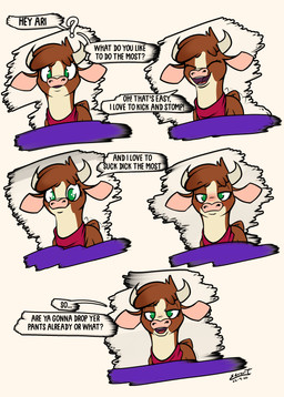 bedroom_eyes blush brown_body brown_fur dialogue eyebrows eyes_closed female feral fur gesture glistening glistening_eyes green_eyes half-closed_eyes happy horn imminent_fellatio imminent_oral imminent_sex kerchief looking_at_viewer multicolored_body multicolored_fur narrowed_eyes open_mouth pink_nose raised_eyebrow seductive simple_background smile solo suggestive suggestive_gesture tail tail_motion tailwag talking_to_viewer tan_body tan_fur text that_escalated_quickly toony two_tone_body two_tone_fur ebvert them's_fightin'_herds arizona_cow_(tfh) beef_cattle bovid bovine cattle hereford_cattle mammal 2020 2_frame_animation absurd_res animated animated_comic comic dated digital_media_(artwork) english_text hi_res signature subtle_animation watermark