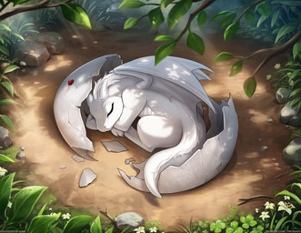 aged_down ambiguous_gender baby clover_(plant) clover_leaf curled_up egg eggshell eyes_closed feral flower folded_wings four_leaf_clover hatched horn leaf light lying_on_ground membrane_(anatomy) membranous_wings on_ground outside peaceful plant quadruped rock scales sleeping solo sunlight tail text white_body white_scales white_tail wings young young_feral conditional_dnp narikusha tom_fischbach european_mythology mythology twokinds lady_nora_(twokinds) arthropod beetle cucujoid dragon insect ladybug mythological_creature mythological_scalie scalie western_dragon 2025 hi_res url