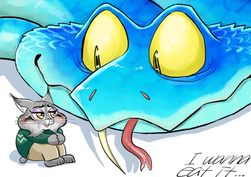 anthro blue_body blue_scales blush bodily_fluids bottomwear clothed clothing duo ear_tuft extreme_size_difference fangs feral fur green_clothing green_sweater green_topwear grey_body grey_fur looking_at_another male micro pants pawpads scales simple_background size_difference sweater tan_bottomwear tan_clothing tan_pants tears teeth text topwear tuft whiskers white_background yellow_eyes shimo_mi_0503 disney zootopia gary_de'snake pawbert_lynxley canada_lynx felid feline lynx mammal pit_viper reptile scalie snake viper 2026 absurd_res digital_media_(artwork) english_text hi_res