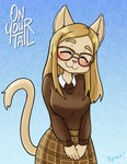 anthro big_breasts blonde_hair blush bottomwear breast_squish breasts cat_smile clothed clothing collared_shirt cupped_hands ears_up eyebrows eyewear female fingers fur glasses hair happy head_tilt inner_ear_fluff long_hair shirt simple_background skirt smile smiling_at_viewer solo squish standing sweater tail tail_fluff tan_body tan_fur text topwear tuft undershirt kprov on_your_tail cat_girl_(on_your_tail) domestic_cat felid feline felis mammal colored digital_media_(artwork) english_text hi_res shaded signature