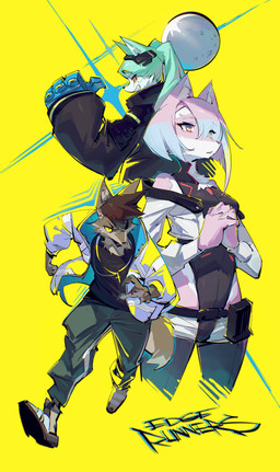alternate_species anthro banner_image big_hands biped black_clothing black_jacket black_leotard black_shirt black_topwear bottomwear brown_body brown_fur brown_hair clothed clothed_anthro clothed_female clothed_male clothing cropped_jacket cybernetic_hand cybernetic_limb cybernetics cyberpunk female female_anthro fur furrification futuristic futuristic_clothing green_bottomwear green_clothing green_hair green_pants group hair jacket leotard machine male male_anthro moon oversized_clothing pants pink_body pink_fur pink_hair poster_design red_sclera shirt simple_background teal_hair text topwear trio white_body white_clothing white_fur white_jacket white_topwear yellow_background yellow_clothing yellow_eyes yellow_jacket_(clothing) yellow_sclera yellow_topwear shiiorina cyberpunk_edgerunners david_martinez david_martinez_(edgerunners) lucyna_kushinada rebecca_(cyberpunk_edgerunners) canid canine canis coyote cyborg fox mammal 2022 absurd_res chinese_description hi_res translated_description