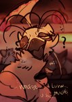 blurred_background bodily_fluids breath bubble coffee_shop droopy_eyes drunk drunk_bubble feather_pattern feathers feral hiccuping lamp lantern male messy_feathers neck_tuft open_mouth slurred_speech solo substance_intoxication sweat text tuft chompingbit dreamworks kung_fu_panda lord_shen avian bird canid canine fox galliform mammal peafowl phasianid absurd_res hi_res