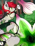 ambiguous_gender duo feral forest forest_background fur green_insides grey_body grey_fur hair imminent_vore kemono mouth_shot nature nature_background open_mouth plant question_mark red_hair shrub tree tianhua hasbro my_little_pony fan_character elemental_creature equid equine flora_fauna horse mammal pony 3:4 hi_res