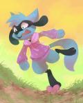 ambiguous_gender anthro blue_body blue_eyes blue_fur bottomless clothed clothing fur grass hoodie open_mouth outside plant solo topwear yassui nintendo pokemon canid canine generation_4_pokemon mammal pokemon_(species) riolu 4:5 hi_res