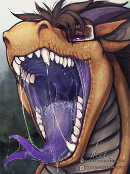 ambiguous_form ambiguous_gender bodily_fluids brown_hair drooling eyewear forked_tongue glasses glistening glistening_eyes grey_body grey_scales hair horn mouth_shot narrowed_eyes open_mouth orange_body orange_ears orange_scales patreon_logo purple_eyes purple_horn rectangular_glasses saliva saliva_string scales solo subscribestar_logo text tongue acidic mythology patreon subscribestar psiryx dragon mythological_creature mythological_scalie scalie 3:4 english_text signature