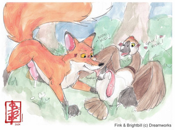 animal_genitalia animal_penis avian_feet canine_genitalia canine_penis comparing duo erection fellatio feral feral_on_feral genitals interspecies knot knotted_penis male male/male oral penile penis sex fennec_(artist) the_wild_robot brightbill_(the_wild_robot) fink_(the_wild_robot) anatid anseriform anserine avian bird canid canine fox goose mammal true_fox painting_(artwork) watercolor_(artwork)