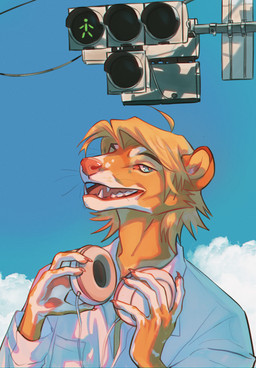 anthro blonde_hair blue_eyes blue_sky cheek_tuft clothed clothing cloud electronics facial_tuft fangs front_view fur hair headphones headphones_around_neck looking_at_viewer male male_anthro narrowed_eyes open_mouth orange_body orange_fur outside short_hair sky solo teeth topwear traffic_light tuft white_clothing white_topwear justkiddinb domestic_ferret mammal mustelid musteline true_musteline weasel hi_res