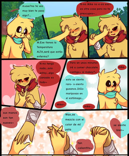 anthro bandage black_sclera blush dialogue duo grass hand_holding heart_symbol layered_heart male male/male nature outside plant red_eyes romantic romantic_ambiance rope speech_bubble text touching_hand tree yellow_body young yakav mike.exe mikecrack canid canine canis domestic_dog hybrid mammal comic hi_res spanish_text translated