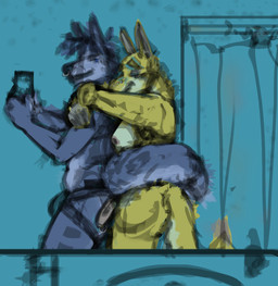 anthro bathroom camera_view clothing cuddling duo facial_piercing fur genital_piercing genitals grey_body grey_fur grin hug jockstrap male mirror nipples nose_piercing nose_ring penis penis_piercing piercing prince_albert_piercing ring_piercing septum_piercing shower shower_curtain sink smile underwear yellow_body yellow_fur cool. canid canine canis domestic_dog mammal wolf sketch