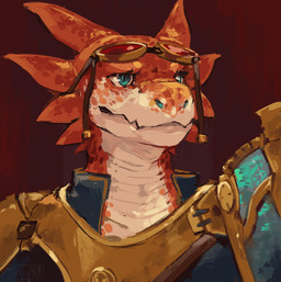 ambiguous_gender anthro armor blue_clothing blue_topwear breastplate clothing eyewear eyewear_on_head goggles goggles_on_head green_eyes jacket looking_forward markings red_background red_body red_scales scale_markings scales simple_background solo spaulder topwear white_body white_scales babanasaur kobold scalie 2021 absurd_res bust_portrait hi_res portrait signature
