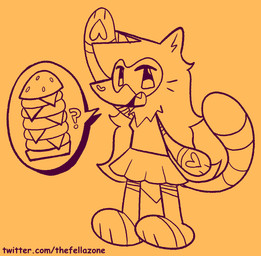 anthro black_and_orange bottomwear burger clothing facial_markings female food head_markings heart_nose heart_pawpads heart_symbol looking_at_viewer markings mask_(marking) pawpads raised_hand ring_(marking) ringed_tail shirt skirt solo speech_bubble striped_markings striped_tail stripes tail tail_markings text topwear bigsteppies noodle_(aimkid) domestic_ferret mammal mustelid musteline true_musteline weasel url