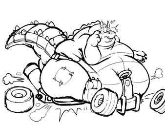 anthro belly belt big_belly blush blush_lines bottomwear cart claws clothing damaged_vehicle fangs male morbidly_obese morbidly_obese_anthro morbidly_obese_male mouth_closed notched_ear obese obese_anthro obese_male overweight overweight_anthro overweight_male pants patch_(fabric) paws scales sitting sitting_on_vehicle solo tail teeth tire vehicle wide_eyed awoogasm activision crash_bandicoot_(series) crash_team_racing_nitro-fueled dingodile canid canine canis crocodile crocodilian dingo hybrid mammal reptile scalie 2026 hi_res monochrome sketch