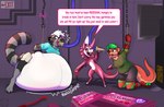 ambiguous_anthro ambiguous_gender anthro arms_tied belly big_belly bound breaking_chain candy chain chained clothing crate crowbar dessert dialogue expansion food gag gil_otter group gummy_(food) hose hose_in_mouth hose_inflation inflation instant_inflation latex liquid_inflation male onomatopoeia panicking resting_on_belly ring_gag rope sound_effects speech_bubble suspension text tools trio water_inflation gojiteeth litchi_(gojiteeth) sam_(djsolshepherd) animate_inanimate imp living_latex mammal mustelid otter procyonid raccoon river_otter absurd_res hi_res