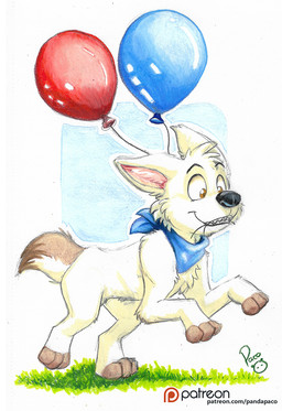 balloon black_nose brown_eyes brown_tail cheek_tuft chest_tuft facial_tuft feral fur glistening glistening_eyes grass head_tuft inflatable logo male male_feral outside plant side_view solo tail teeth text tuft white_body white_fur white_tail pandapaco canid canine canis domestic_dog mammal artist_logo hi_res signature url