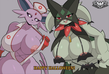 amulet_coin anthro areola bedroom_eyes big_breasts biped breast_size_difference breasts clothing cute_fangs dialogue duo fangs female female_anthro fur furgonomic_piercing furgonomics genitals glistening glistening_breasts gloves gold_(metal) green_body green_fur handwear hat headgear headwear holidays huge_breasts humanoid_genitalia humanoid_vulva innie_vulva jewelry looking_at_viewer narrowed_eyes navel necklace nipples nurse nurse_clothing nurse_hat nurse_headwear nurse_uniform one_breast_out piercing pink_areola pink_nipples plump_labia pokemorph purple_body purple_eyes red_eyes seductive tail tail_piercing talking_to_viewer teeth text undressing uniform vulva knightmoonlight98 halloween nintendo pokemon sprig_the_meowscarada vanessa_(gammainks) eeveelution espeon generation_2_pokemon generation_9_pokemon meowscarada pokemon_(species) 2025 english_text hi_res