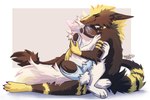 anthro black_body black_fur duo eyes_closed fur happy hug machine male on_lap sitting sitting_on_another sitting_on_lap smile tail white_body white_fur yellow_body yellow_fur qursll castor_(lmgblaze) dust_(dusttheproto) protogen sergal 2023 3:2 hi_res watermark