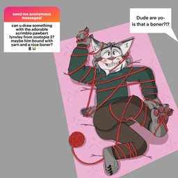 anthro ball_of_yarn caught_in_the_act clothed clothing erection feet fur male paws restrained simple_background solo stuck text yarn mrpawpaw disney zootopia pawbert_lynxley canada_lynx felid feline lynx mammal 1:1 digital_media_(artwork) english_text hi_res