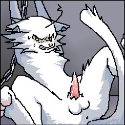 anthro anus balls blush bodily_fluids bound butt chain chained erection fur genital_fluids genitals kemono male penis precum solo white_body white_fur unknown_artist mammal 1:1 2005 archived_source digital_media_(artwork) low_res oekaki thumbnail