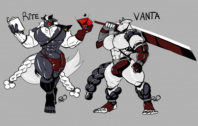 abs anthro biceps big_muscles big_pecs black_body book braided_hair bulge clothing colored_nails duo evil_grin eyewear feet footwear fur gloves grey_background hair handwear horn magic magic_user male melee_weapon monocle mostly_nude muscular muscular_anthro muscular_male nails pecs quads sharp_teeth simple_background smile sword teeth underwear weapon wool_(fur) rxq rite_(rxq) vanta_(rxq) bovid caprine mammal sheep