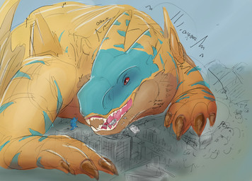 ambiguous_gender anthro body_size_growth city city_destruction destruction duo extreme_size_difference feral growth_lines macro object_vore onomatopoeia size_difference size_transformation sound_effects text transformation vore gybyderg capcom monster_hunter mythology grev_(greviste) gyby_(gybyderg) dragon flying_wyvern mythological_creature mythological_scalie scalie tigrex hi_res