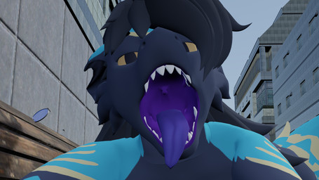 anthro arm_markings bench big_breasts black_body black_claws black_fur black_hair blue_body blue_fur breasts building casual_exposure claws clothed clothing concrete_wall eyewear facial_markings female first_person_view fluffy fluffy_tail forehead_markings fur furniture glasses hair hair_over_eye head_markings looking_at_viewer markings mouth_shot narrowed_eyes no_sclera nude nude_anthro nude_female on_bench open_mouth oral_vore pawpads prey_pov purple_mouth purple_pawpads purple_tongue sitting sitting_on_bench sky solo tail tail_markings teeth tongue tongue_out topless topless_anthro topless_female uvula vore wall_(structure) wood wood_bench wood_furniture yellow_eyes yellow_markings k'braid nicoreda_(modeler) blender_eevee mythology sevan_(k'braid) dergodal dragon furred_dragon furred_drake furred_scalie mythological_creature mythological_scalie scalie 16:9 3d_(artwork) blender_(artwork) digital_media_(artwork) hi_res widescreen