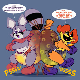 ambiguous_gender anthro ass_to_ass big_diaper black_body black_fur black_nose black_sclera black_tail blush blush_lines bodily_fluids bondage_gear bondage_gloves booties clothed clothing color_coded_text dialogue diaper diaper_bump dipstick_tail duo ellipsis feces floppy_ears footwear fur genital_fluids grey_background grey_body grey_fur grey_inner_ear half-closed_eyes handwear huge_diaper jewelry kerchief looking_at_another looking_at_partner looking_back looking_back_at_another looking_back_at_partner markings mascot_horror multicolored_body multicolored_fur narrowed_eyes neckerchief necklace neckwear on_one_leg open_mouth open_smile orange_body orange_fur orange_tail pattern_diaper pooping purple_body purple_clothing purple_footwear purple_fur purple_handwear purple_tail purple_tail_tip red_clothing red_footwear red_handwear red_kerchief red_neckerchief ring_(marking) ringed_tail simple_background smile soiled_diaper soiling soiling_diaper sound_effects speech_bubble standing striped_markings striped_tail stripes tail tail_markings text two_tone_tail unclean_diaper urine used_diaper using_diaper vowelless vowelless_sound_effect wearing_diaper wet_diaper wetting wetting_diaper yellow_body yellow_fur srbunny649 indigo_park mob_entertainment poppy_playtime smiling_critters dogday_(poppy_playtime) lloydford_l._lion rambley_raccoon canid canine canis domestic_dog mammal procyonid raccoon 1:1 english_text hi_res male_(lore)