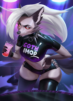 5_fingers anthro beverage bodily_fluids clothed clothing collar crop_top curvy_figure eyelashes eyeshadow facial_piercing female fingers fur hair hand_on_hip holding_beverage holding_object latex latex_clothing latex_legwear latex_topwear legwear looking_at_viewer makeup midriff navel nose_piercing nose_ring piercing red_sclera ring_piercing septum_piercing septum_ring shirt skimpy solo spiked_collar spikes spit_in_drink spitting standing sweat tail thick_thighs thigh_highs topwear waiter white_body white_eyes white_fur white_hair piratefoxbox goth_ihop hellaverse helluva_boss mythology loona_(helluva_boss) canid canid_demon canine canis demon hellhound mammal mythological_canine mythological_creature 2025 digital_media_(artwork) hi_res