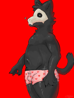 anthro belly black_body clothing heart_clothing heart_symbol heart_underwear male red_background simple_background slightly_chubby solo underwear chalaren changed_(video_game) puro_(changed) canid canine canis mammal skulldog_(species) wolf absurd_res hi_res