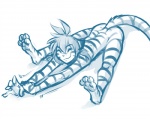 2016 :3 anthro barefoot biped blue_and_white casual_nudity conditional_dnp digitigrade eyes_closed feet felid female flexible flora_(twokinds) fur keidran mammal monochrome nude pantherine pawpads simple_background sitting sketch smile solo stretching striped_body striped_fur stripes tail tiger toes tom_fischbach twokinds white_background