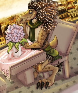 3_toes ankle_tuft anthro arm_feathers balcony brown_body brown_feathers city city_background claws clothed clothing digitigrade feather_hair feather_tuft feathered_crest feathers feet female flat_chested flesh_fang flower flower_vase furniture head_crest hip_tuft leg_tuft plant pseudo_hair scarf sitting solo table tablecloth toe_claws toes topless topless_anthro topless_female tuft vase yellow_eyes cahoon halo_(series) microsoft xbox_game_studios cor_zan alien avian kig-yar scalie t'vaoan colored hi_res