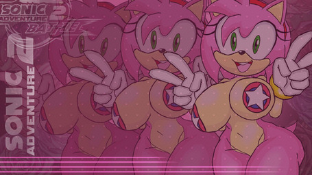 accessory anthro big_breasts black_nose bracelet breasts clothing eyelashes female front_view fur gesture gloves green_eyes hair hair_accessory hairband hand_gesture handwear head_tuft jewelry looking_at_viewer navel open_mouth open_smile pasties pink_body pink_fur pink_hair short_hair smile solo tan_body tan_fur text thick_thighs tuft v_sign white_clothing white_gloves white_handwear wide_hips blackchaos64 sega sonic_adventure sonic_the_hedgehog_(series) amy_rose eulipotyphlan hedgehog mammal hi_res