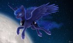 blue_body blue_feathers blue_hair clothing crown cutie_mark eyelashes eyes_closed feathered_wings feathers female feral flying footwear hair headgear horn moon shoes smile solo spread_wings star wings luminousdazzle friendship_is_magic hasbro my_little_pony mythology princess_luna_(mlp) equid equine mammal mythological_creature mythological_equine winged_unicorn 2018 digital_media_(artwork) hi_res signature