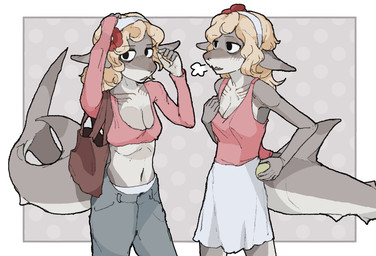 accessory anthro big_tail bottomwear breasts clothed clothed_female clothing crop_top female fin flower flower_in_hair fully_clothed fully_clothed_female gills grey_body grey_skin hair hair_accessory hairband hand_on_hip handbag midriff navel non-mammal_breasts pants plant shirt skirt small_breasts solo tail tail_fin tank_top thick_tail topwear hhonchkrow234 aquatic fish great_white_shark mackerel_shark shark white_shark absurd_res hi_res