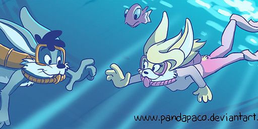 ambiguous_feral ambiguous_gender anthro black_hair blonde_hair cheek_tuft clothed clothing facial_tuft female female_anthro feral fur grey_body grey_fur group hair logo long_ears male male_anthro mouth_closed scuba_diver scuba_diving swimming text tuft whiskers white_body white_fur pandapaco aquatic fish lagomorph leporid mammal rabbit 2016 artist_logo signature url