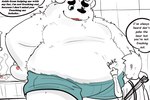 anthro belly boxers_(clothing) clothing duo eyebrows male moobs overweight poking size_difference text thick_eyebrows underwear rinhatsuyuki bear human mammal polar_bear ursine 3:2 english_text hi_res